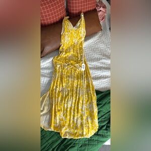 A New Day Sunlit Yellow Dress with White Leaf Pattern